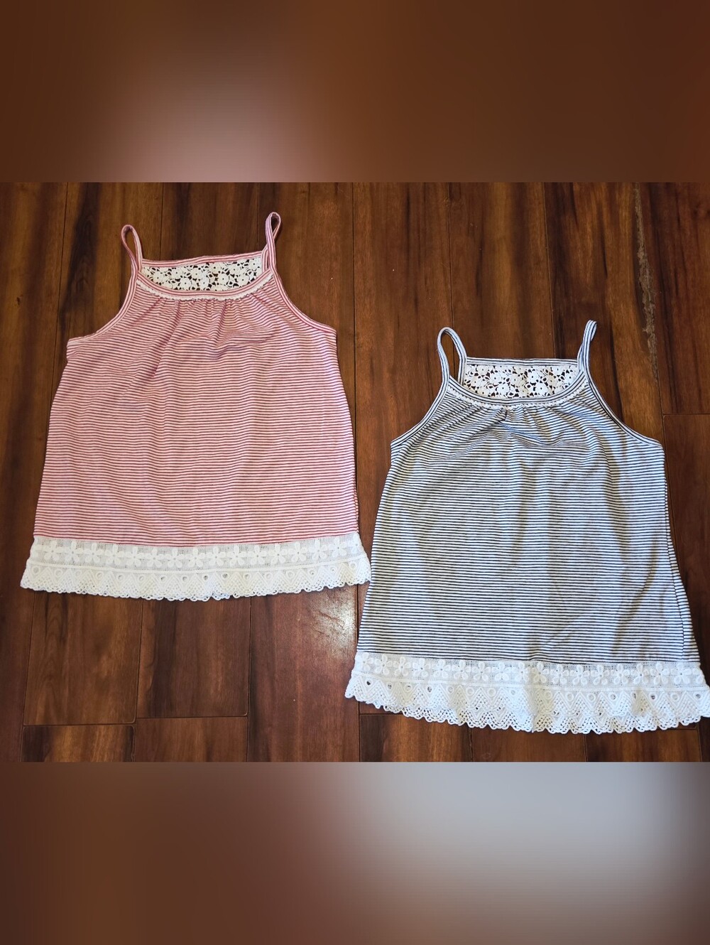 (2) Girl's Wonder nation Black & White Red & White Striped Lace-Trim Tank Tops